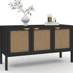 Buffet bas 110 cm EDHEN 3 portes bois noir et cannage