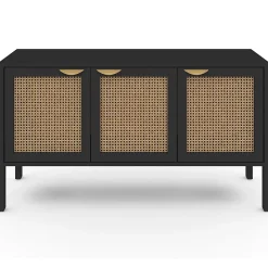 Buffet bas 110 cm EDHEN 3 portes bois noir et cannage