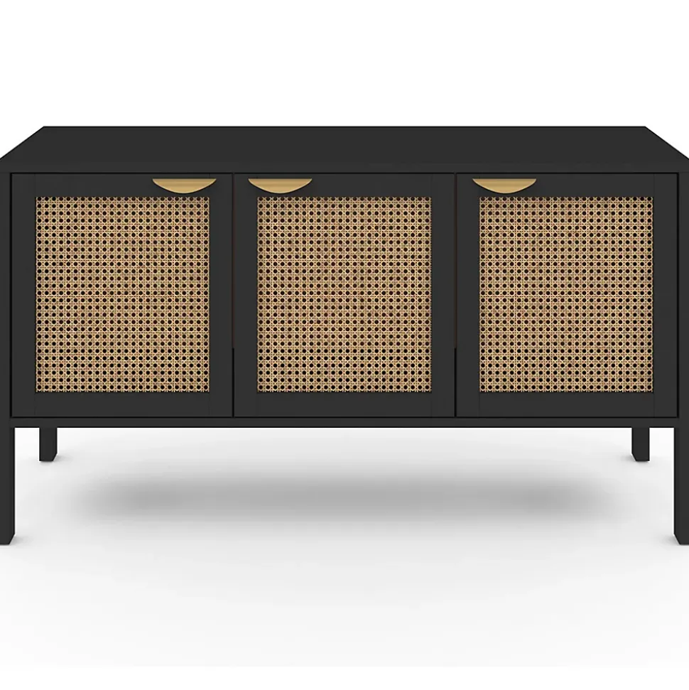 Buffet bas 110 cm EDHEN 3 portes bois noir et cannage