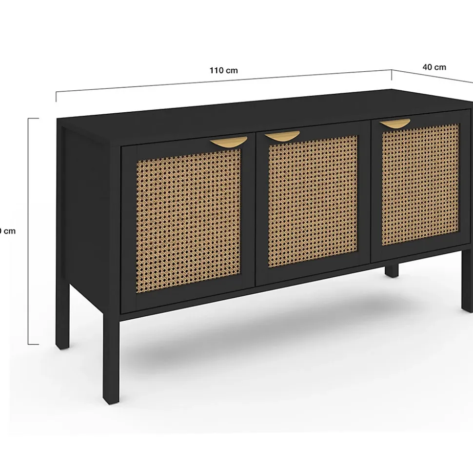 Buffet bas 110 cm EDHEN 3 portes bois noir et cannage