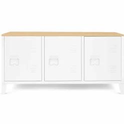 Buffet bas 113 cm ESTER 3 portes métal blanc plateau bois design industriel