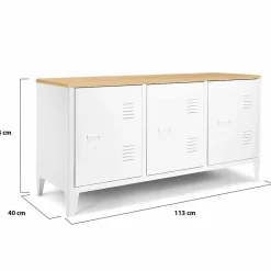 Buffet bas 113 cm ESTER 3 portes métal blanc plateau bois design industriel