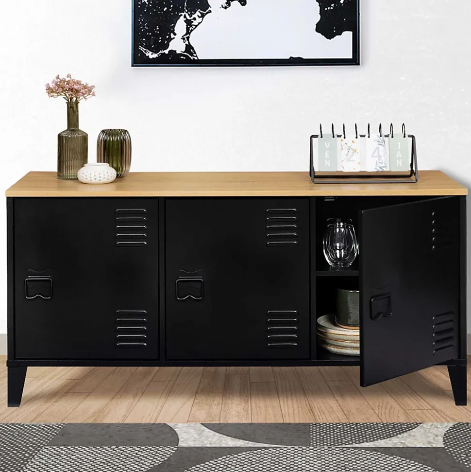Buffet bas 113 cm ESTER 3 portes métal noir plateau bois design industriel