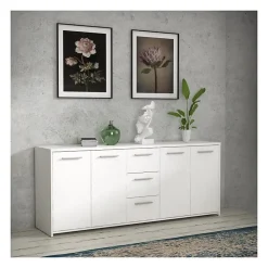 Buffet bas 4 portes 3 tiroirs - Blanc mat - L 179 x P 42 x H 74,5 cm