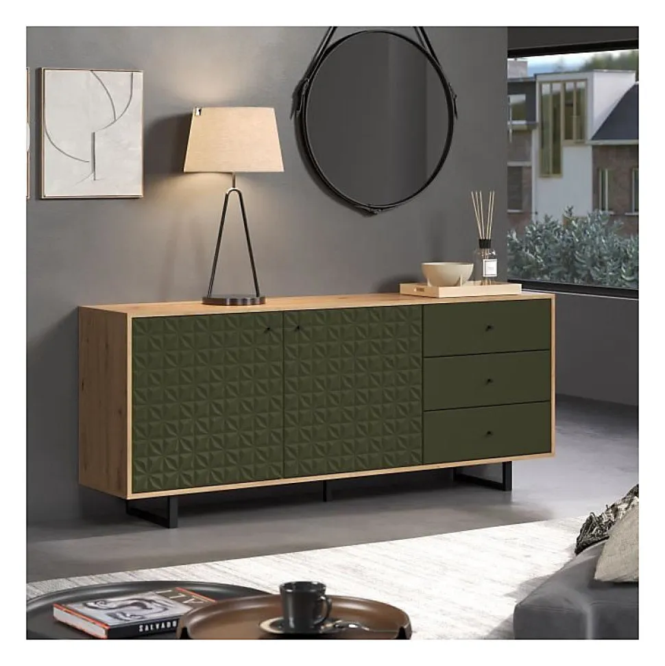 Buffet bas - SENTRA - Vert foncé - 2 portes, 3 tiroirs - 124 x 40 x 136 cm - TRENDTEAM