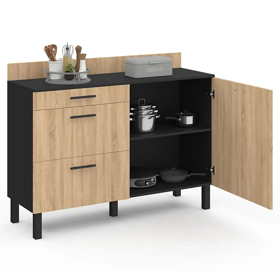 Buffet bas casserolier de cuisine 120 cm CINA plan de travail H.83 cm 1 porte + 3 tiroirs noir et façon hêtre