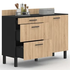 Buffet bas casserolier de cuisine 120 cm CINA plan de travail H.83 cm 1 porte + 3 tiroirs noir et façon hêtre