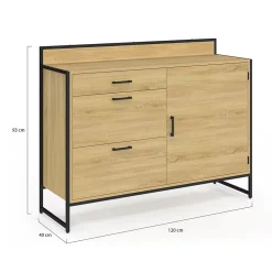 Buffet bas casserolier de cuisine 120 cm DETROIT plan de travail H.83 cm 1 porte + 3 tiroirs design industriel