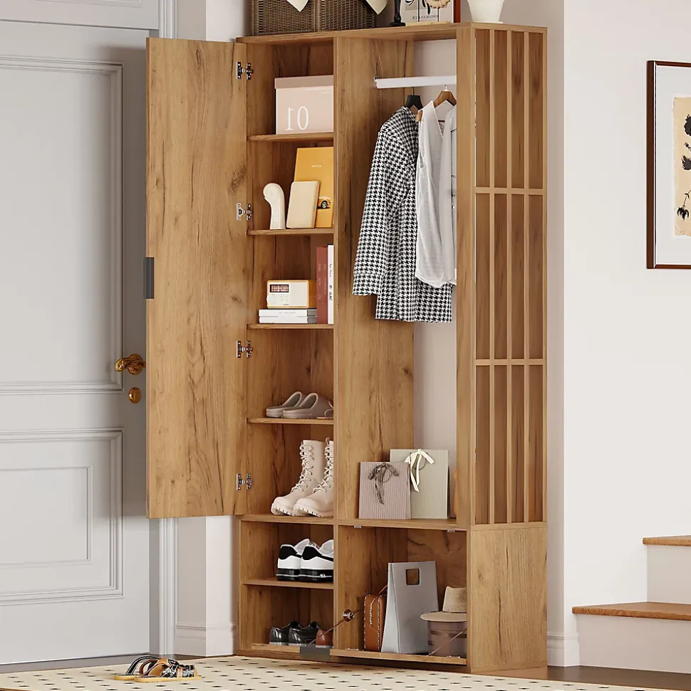 Buffet bas chêne clair avec 3 tiroirs, armoire 2 portes et étagère ouverte, plateau effet marbre, 120x40x77 cm