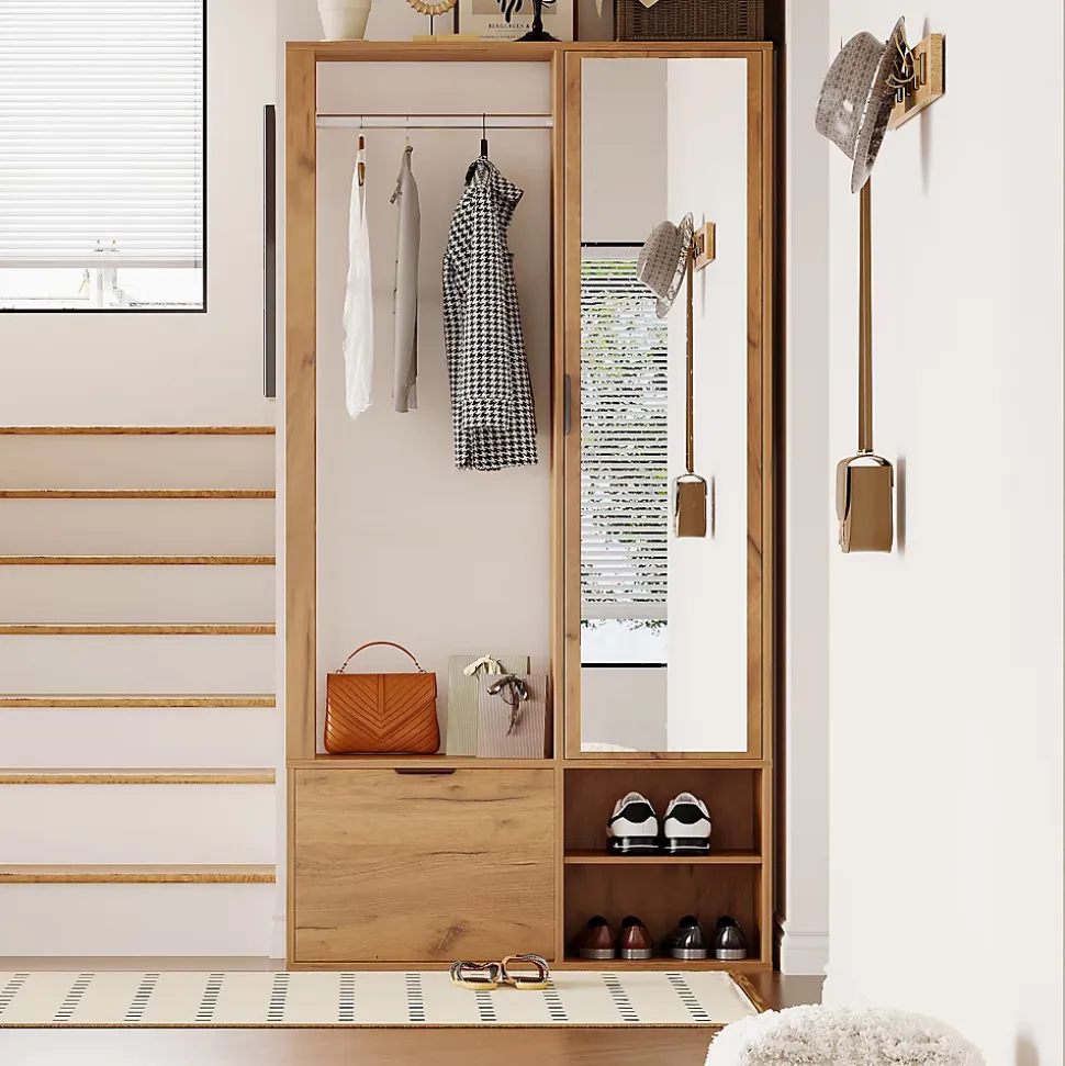 Buffet bas chêne clair avec 3 tiroirs, armoire 2 portes et étagère ouverte, plateau effet marbre, 120x40x77 cm