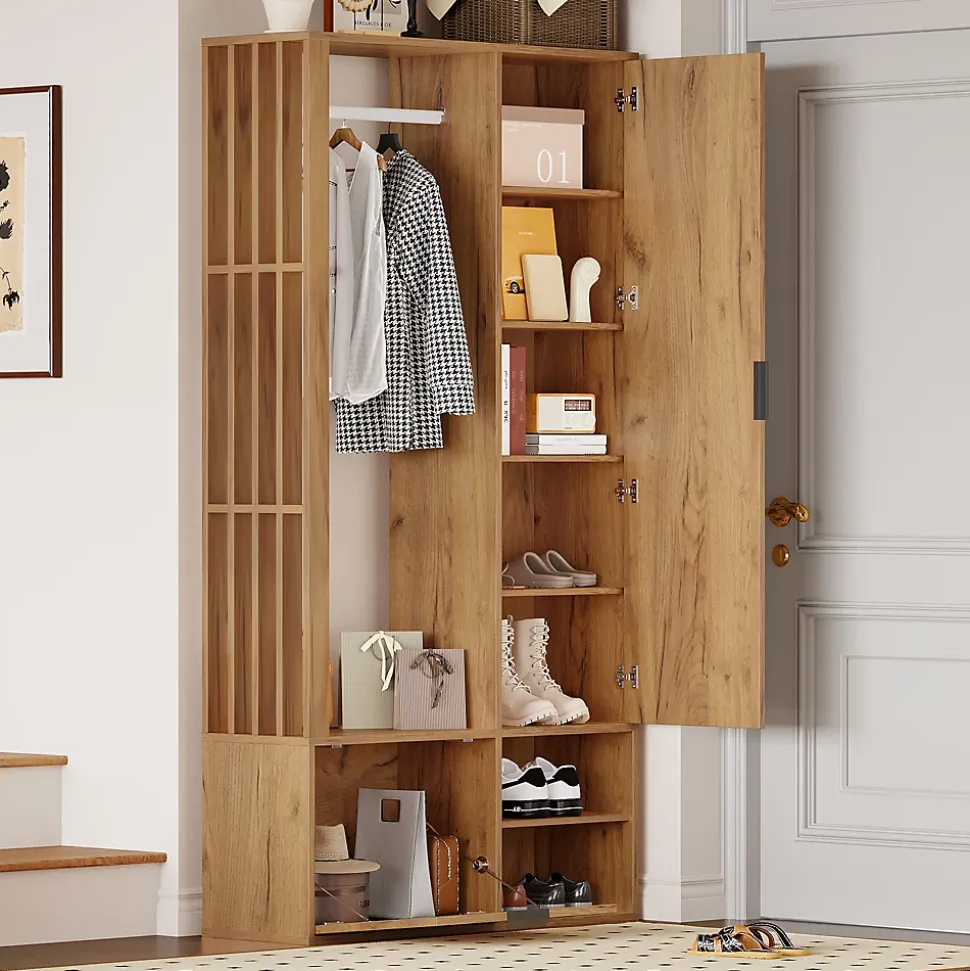 Buffet bas chêne clair avec 3 tiroirs, armoire 2 portes et étagère ouverte, plateau effet marbre, 120x40x77 cm