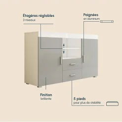 Buffet bas contemporain - Mélamine brillante - Blanc/Gris - 2 portes 2 tiroirs - 140x80x40 cm