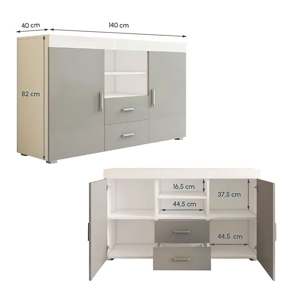 Buffet bas contemporain - Mélamine brillante - Blanc/Gris - 2 portes 2 tiroirs - 140x80x40 cm