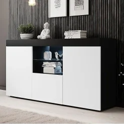 Buffet bas contemporain - Mélamine mate, LED, 3 portes - Noir/Blanc - 150x40x83 cm