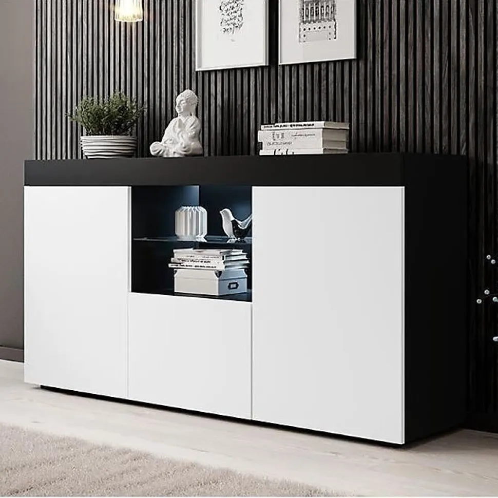 Buffet bas contemporain - Mélamine mate, LED, 3 portes - Noir/Blanc - 150x40x83 cm