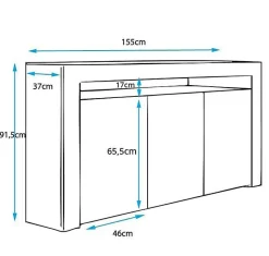 Buffet bas contemporain - 3 portes, LED bleu - Blanc - Mélamine - 155x91x37 cm