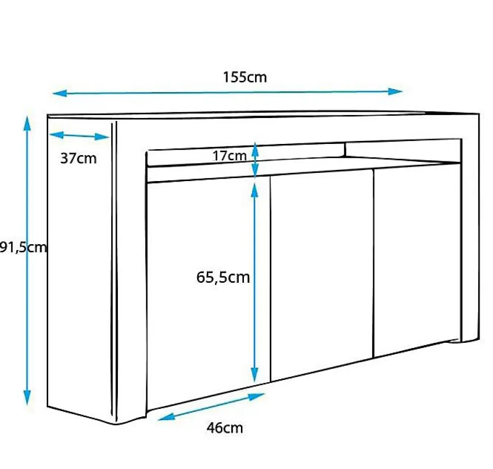 Buffet bas contemporain - 3 portes, LED bleu - Blanc - Mélamine - 155x91x37 cm