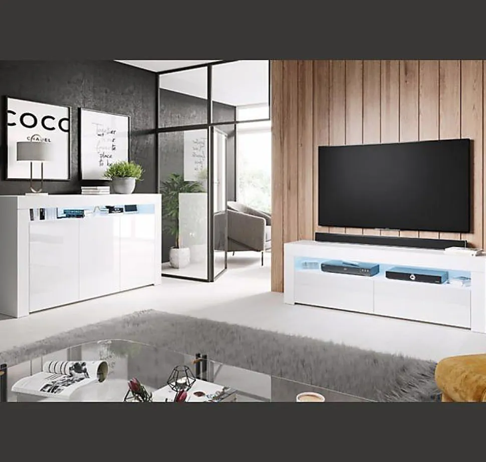 Buffet bas contemporain - 3 portes, LED bleu - Blanc - Mélamine - 155x91x37 cm