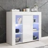 Buffet bas contemporain - Blanc brillant - Mélamine - LED bleues - 1 porte - 94x35x83 cm
