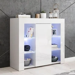 Buffet bas contemporain - Blanc brillant - Mélamine - LED bleues - 1 porte - 94x35x83 cm