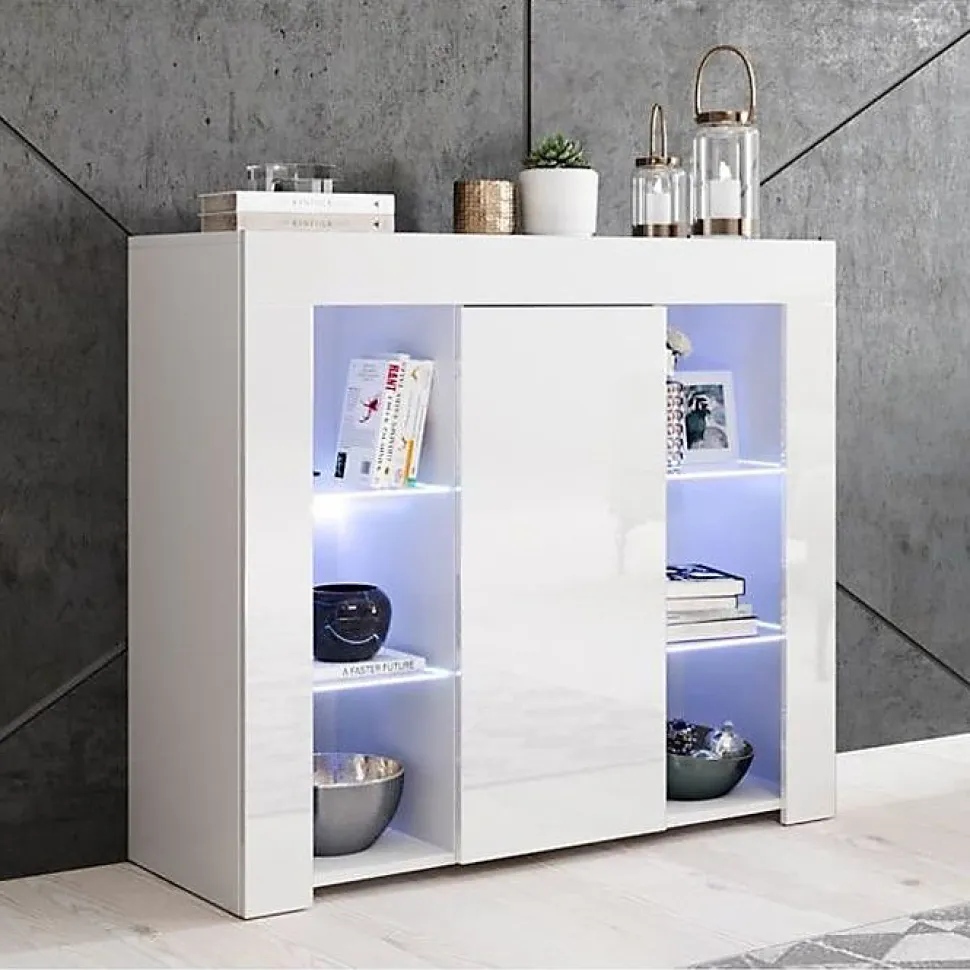 Buffet bas contemporain - Blanc brillant - Mélamine - LED bleues - 1 porte - 94x35x83 cm