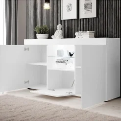 Buffet bas contemporain - 3 portes, LED, mélamine mat - Blanc - 150x40x83,5 cm