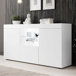 Buffet bas contemporain - 3 portes, LED, mélamine mat - Blanc - 150x40x83,5 cm