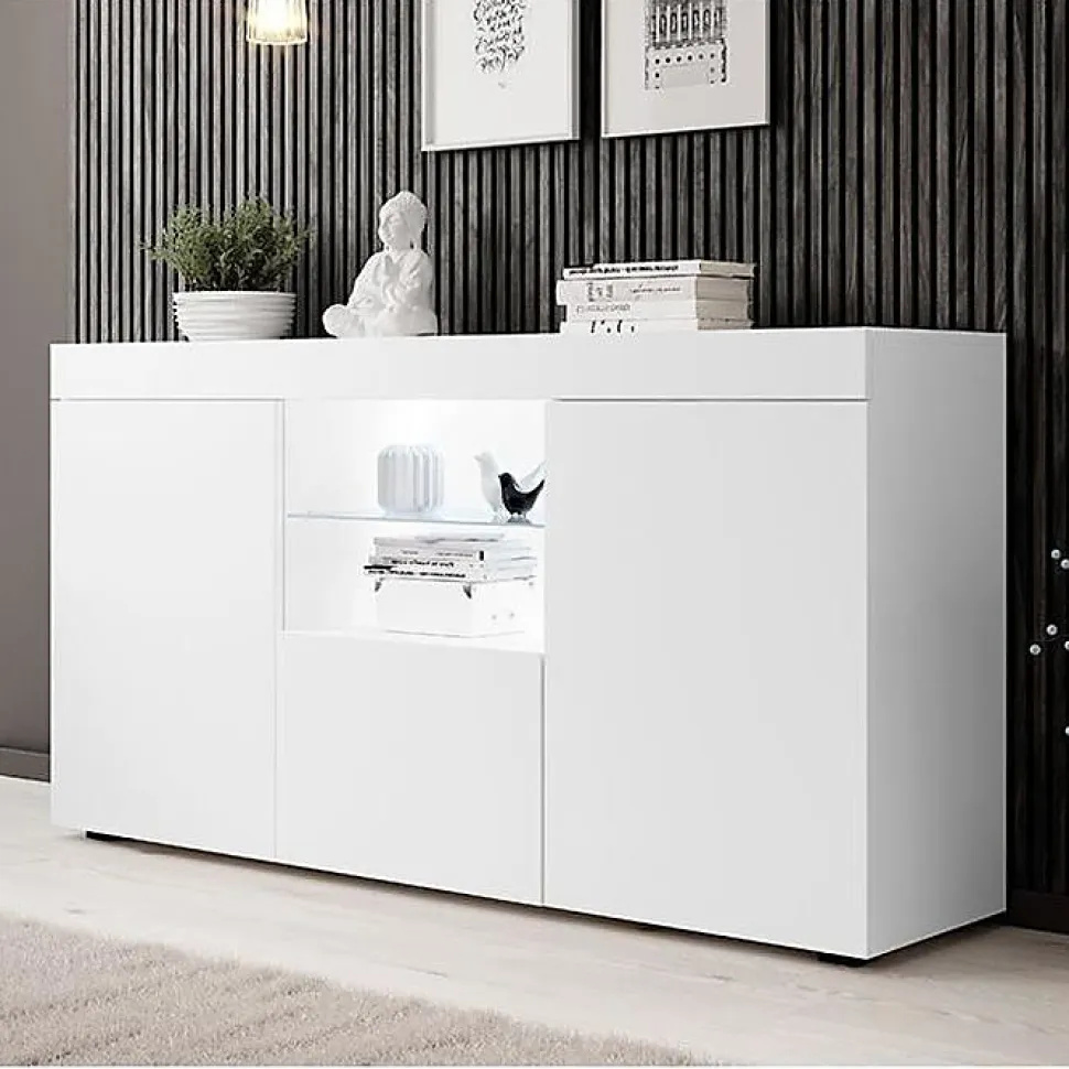 Buffet bas contemporain - 3 portes, LED, mélamine mat - Blanc - 150x40x83,5 cm