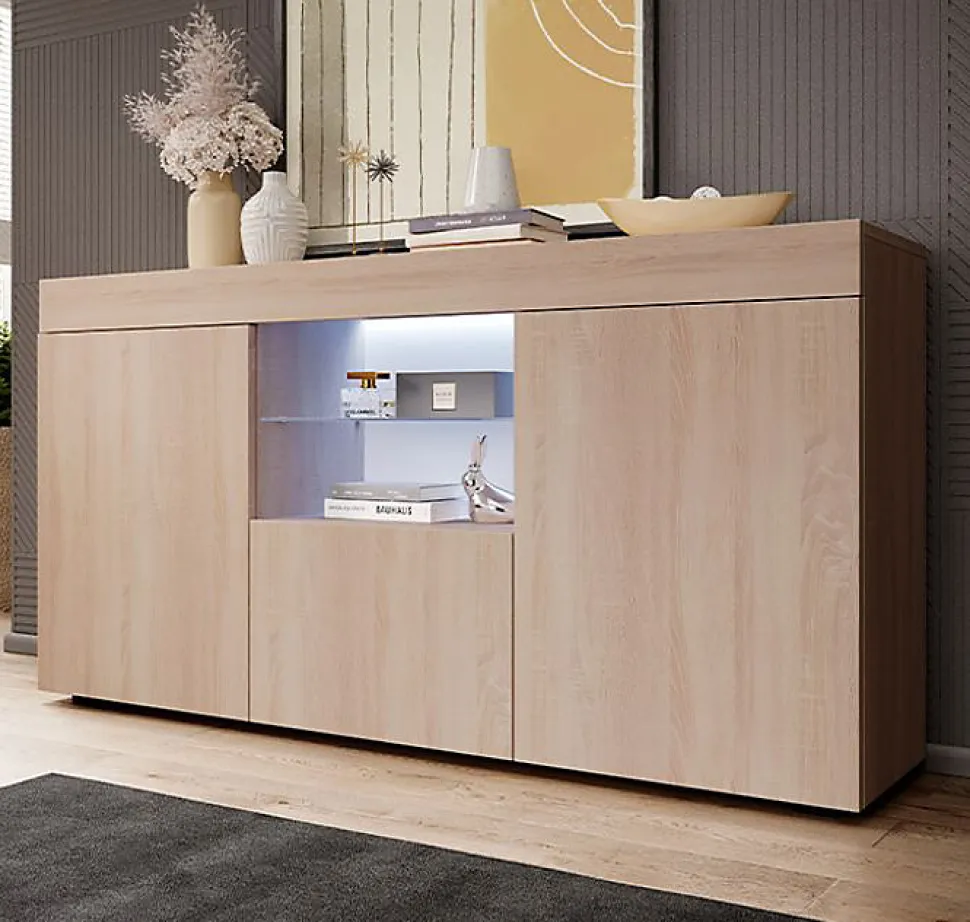 Buffet bas contemporain - Mélamine sonoma mat - LED - 3 portes 1 tiroir - 135x70x34 cm