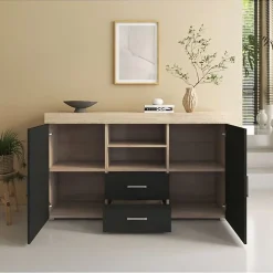 Buffet bas contemporain - Sonoma & Noir - Mélamine - 2 portes 2 tiroirs - 140x40x80 cm