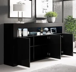 Buffet bas contemporain - Noir brillant - Mélamine - 3 portes - LED - 155x91,5x37 cm