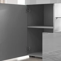 Buffet bas contemporain - Gris brillant, mélamine, LED - 3 portes, tiroir - 135x72x34 cm