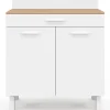 Buffet bas de cuisine 80 cm CINA plan de travail H.83 cm 2 portes + tiroir façon hêtre et blanc
