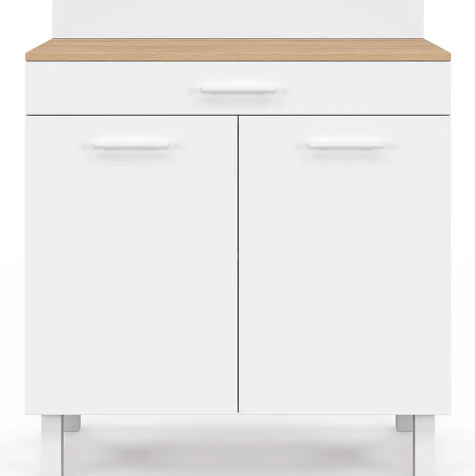 Buffet bas de cuisine 80 cm CINA plan de travail H.83 cm 2 portes + tiroir façon hêtre et blanc