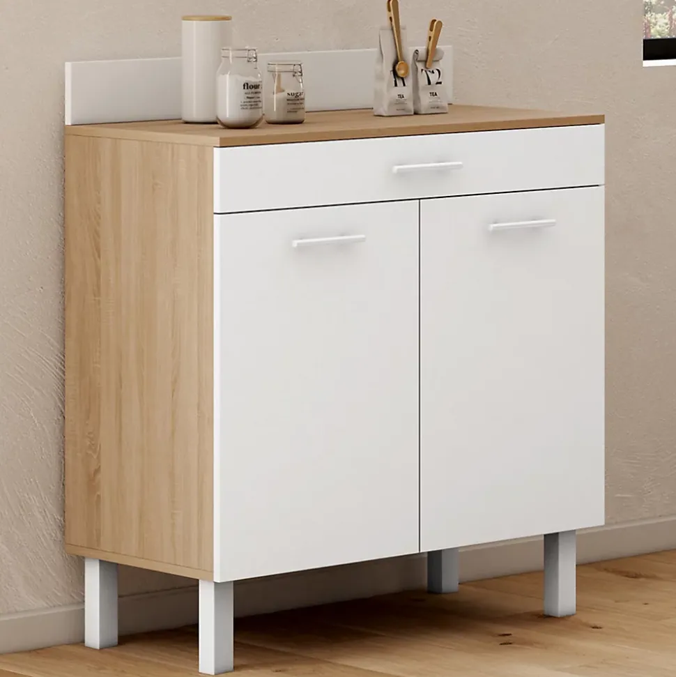 Buffet bas de cuisine 80 cm CINA plan de travail H.83 cm 2 portes + tiroir façon hêtre et blanc
