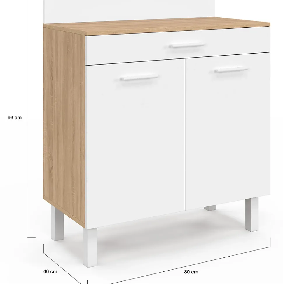 Buffet bas de cuisine 80 cm CINA plan de travail H.83 cm 2 portes + tiroir façon hêtre et blanc