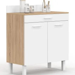Buffet bas de cuisine 80 cm CINA plan de travail H.83 cm 2 portes + tiroir façon hêtre et blanc