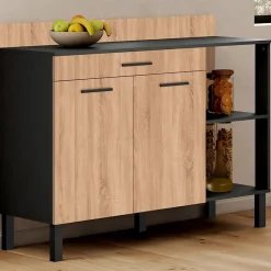 Buffet bas de cuisine 120 cm CINA plan de travail H.83 cm 2 portes + tiroir noir et façon hêtre