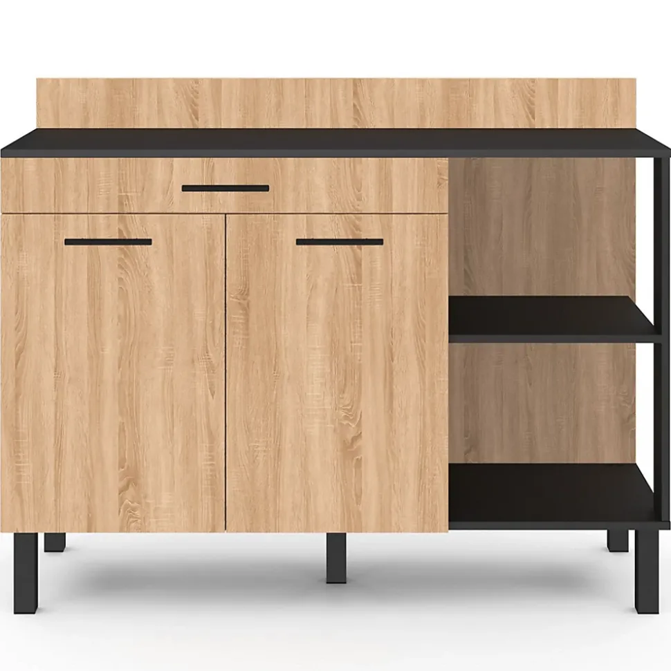 Buffet bas de cuisine 120 cm CINA plan de travail H.83 cm 2 portes + tiroir noir et façon hêtre