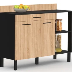 Buffet bas de cuisine 120 cm CINA plan de travail H.83 cm 2 portes + tiroir noir et façon hêtre