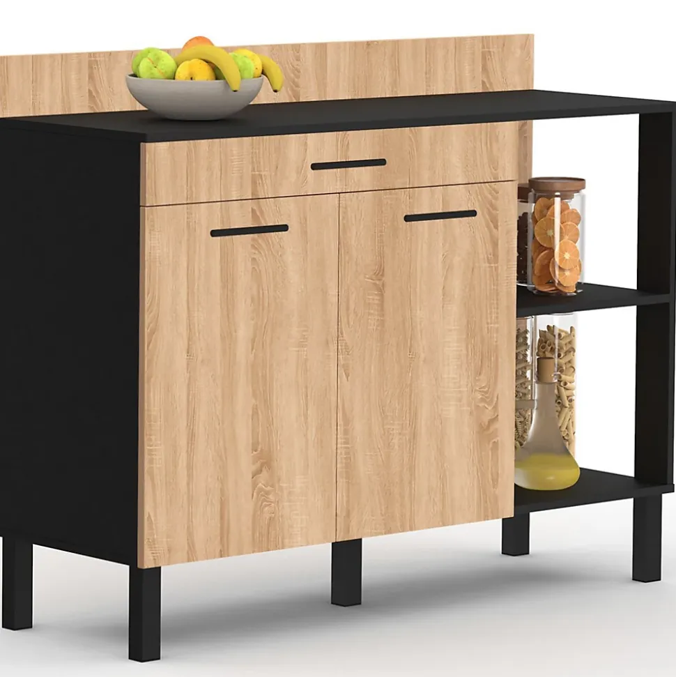 Buffet bas de cuisine 120 cm CINA plan de travail H.83 cm 2 portes + tiroir noir et façon hêtre