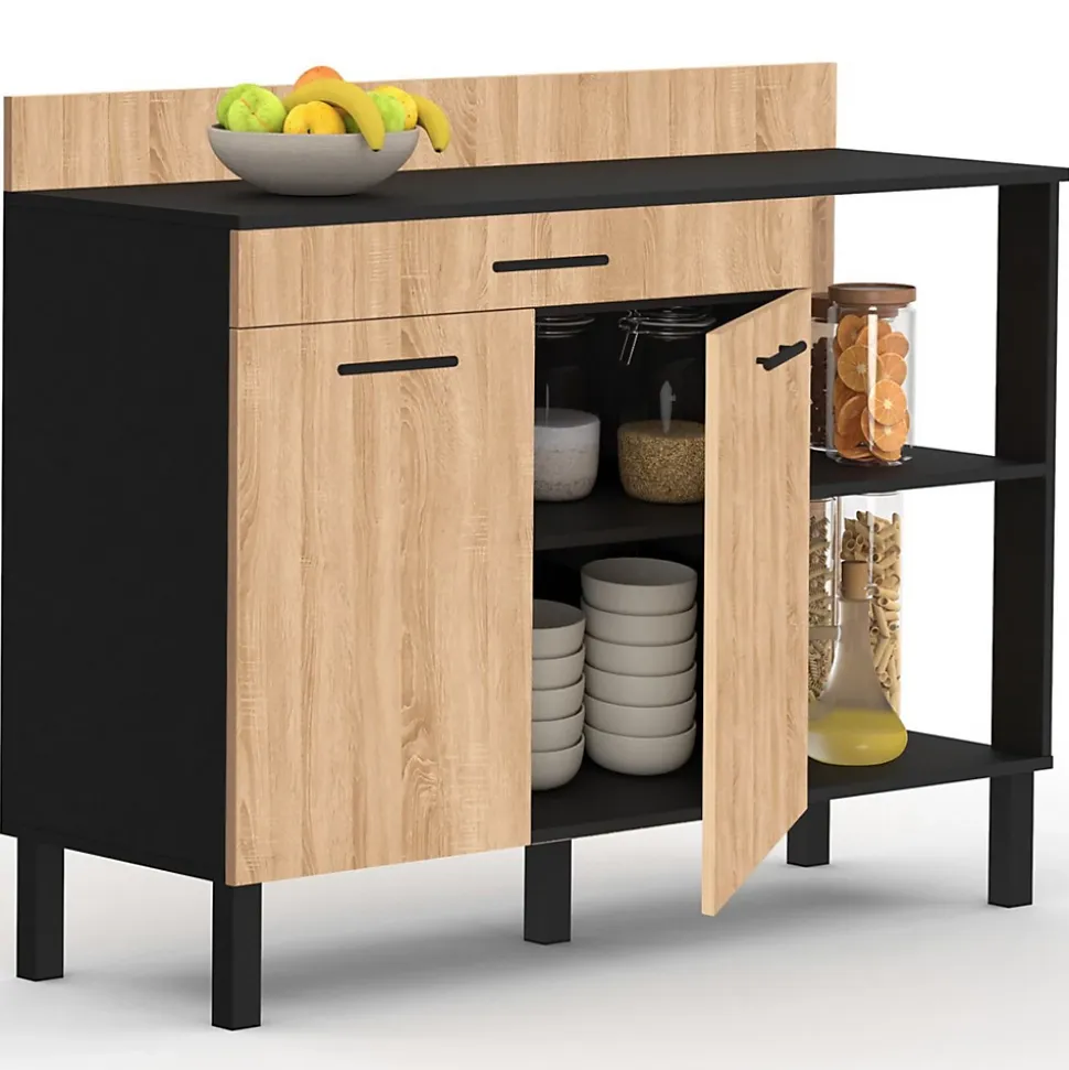Buffet bas de cuisine 120 cm CINA plan de travail H.83 cm 2 portes + tiroir noir et façon hêtre