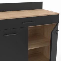 Buffet bas de cuisine 80 cm CINA plan de travail H.83 cm 2 portes + tiroir façon hêtre et noir