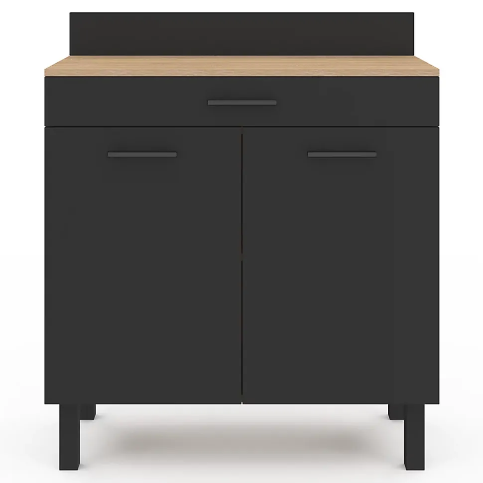 Buffet bas de cuisine 80 cm CINA plan de travail H.83 cm 2 portes + tiroir façon hêtre et noir