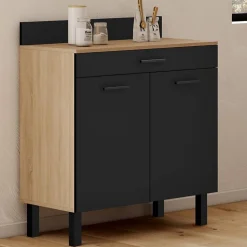 Buffet bas de cuisine 80 cm CINA plan de travail H.83 cm 2 portes + tiroir façon hêtre et noir