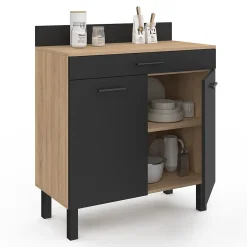 Buffet bas de cuisine 80 cm CINA plan de travail H.83 cm 2 portes + tiroir façon hêtre et noir