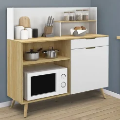 Buffet bas de cuisine 120 CM OLAF plan de travail H.83 cm 1 porte + 1 tiroir façon hêtre et blanc