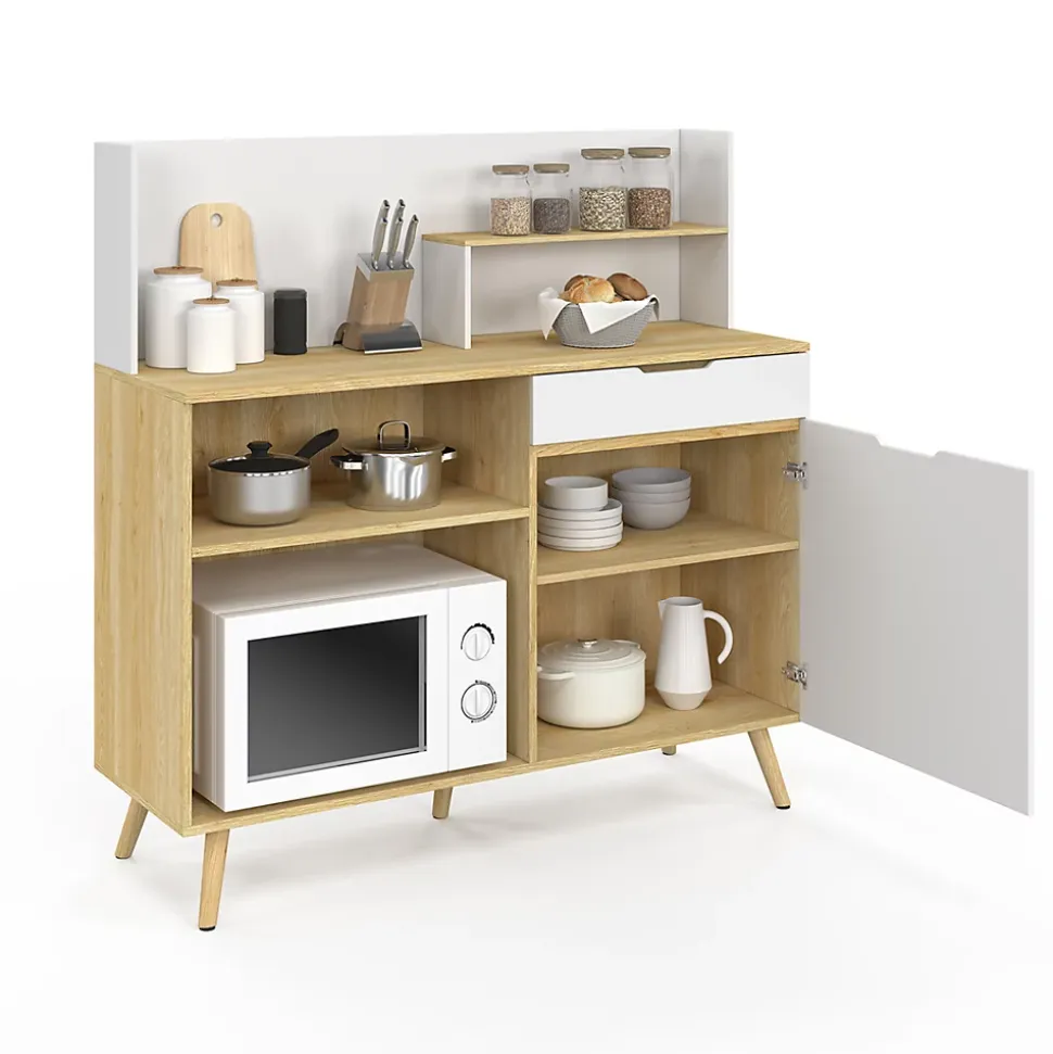 Buffet bas de cuisine 120 CM OLAF plan de travail H.83 cm 1 porte + 1 tiroir façon hêtre et blanc