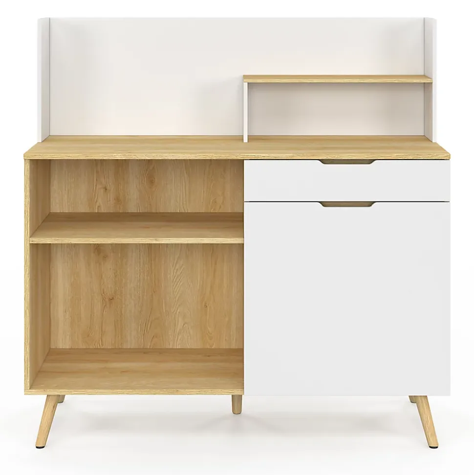 Buffet bas de cuisine 120 CM OLAF plan de travail H.83 cm 1 porte + 1 tiroir façon hêtre et blanc