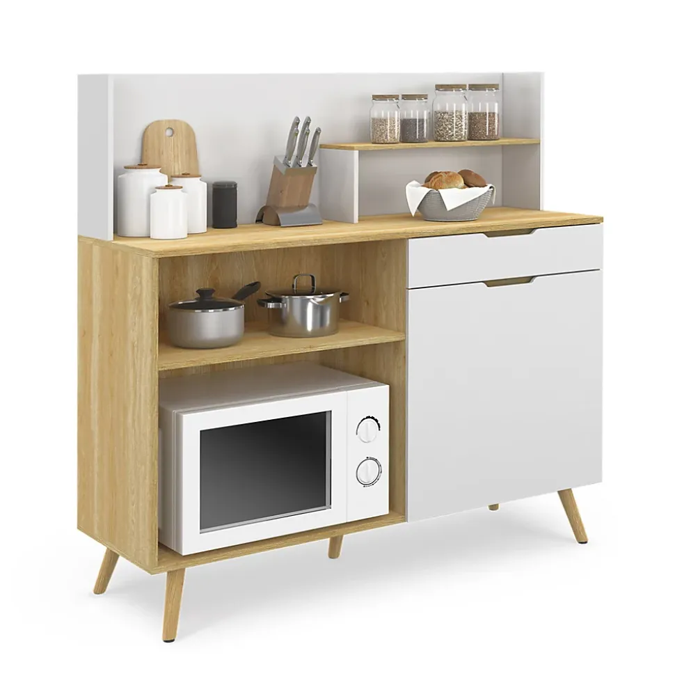 Buffet bas de cuisine 120 CM OLAF plan de travail H.83 cm 1 porte + 1 tiroir façon hêtre et blanc